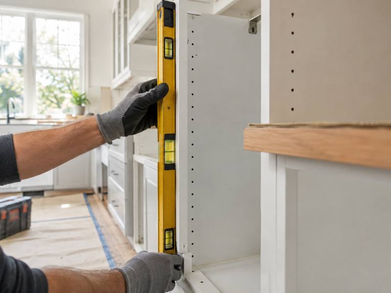 An installer holding a level against a cabinet box to check it is straight.