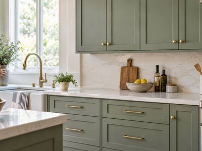 A sage green kitchen with matching brass hardware on the uppers and lowers.