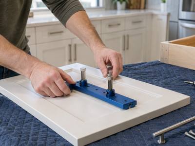 A drilling template clamped to a white door on a padded mat.