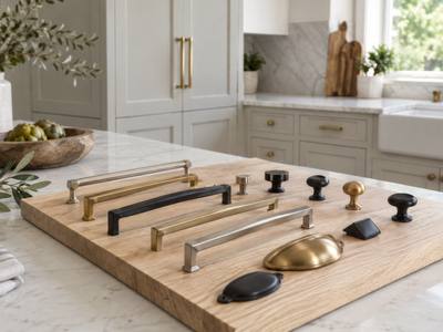 A board of handle and knob samples laid on a kitchen counter.