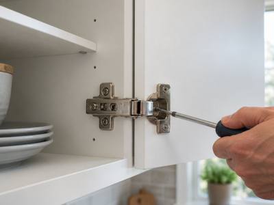 A screwdriver tightening a soft-close hinge inside a white cabinet.
