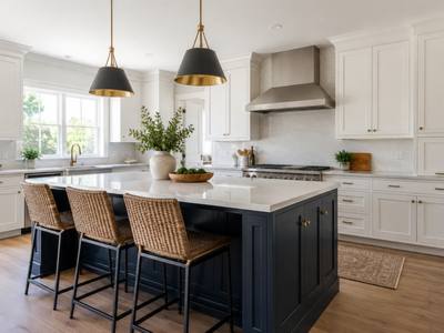 A navy blue island in front of white perimeter cabinets under pendant lights.