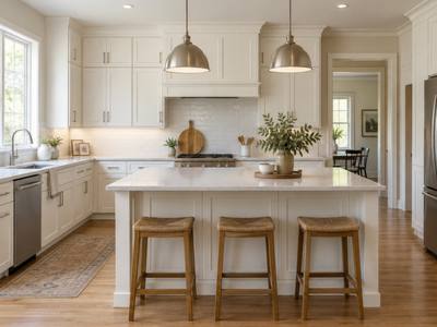 A bright white shaker kitchen in Erindale with a wood-topped island and stools.