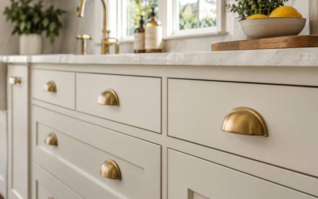 Cream painted drawers fitted with brass cup pulls.