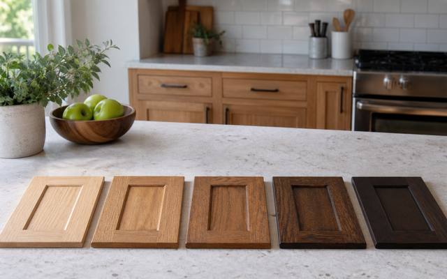 Five wood stain sample boards laid in a row on a counter.