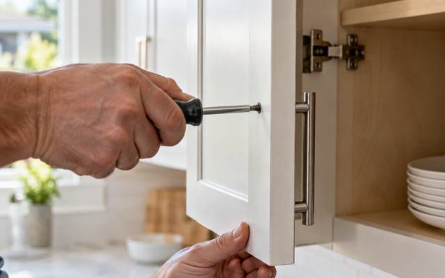A screwdriver fixing a pull through the back of a painted door.