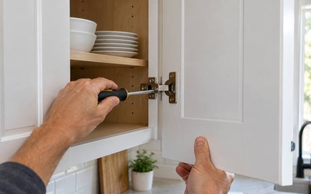 A hand adjusting the hinge on a white cabinet door so the gaps line up.