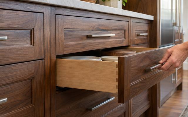 A hand pulling open a walnut drawer in a stack of wood drawers.