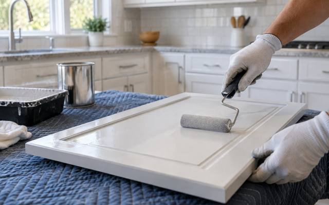 Gloved hands rolling white primer onto a cabinet door laid flat on a padded table.