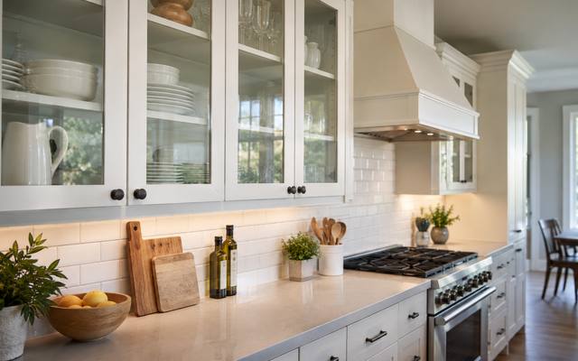 A white kitchen with glass-front upper cabinets and a range hood.