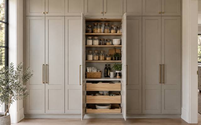 Light grey painted floor-to-ceiling pantry cabinets with one door open.
