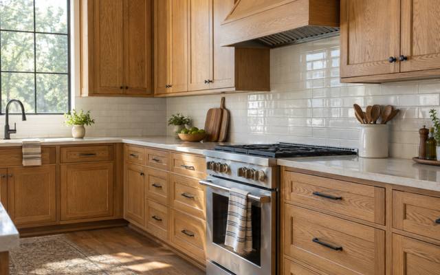 A golden oak kitchen with a range and tile backsplash before any painting.