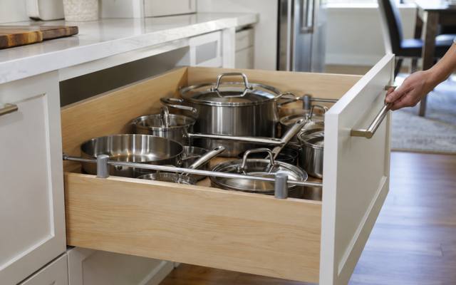A deep drawer pulled out to show pots and pans stored inside.