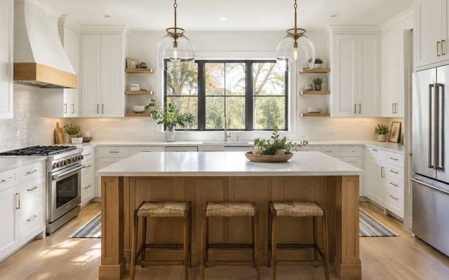 A bright white kitchen with a large pale wood island, pendant lights and stools.