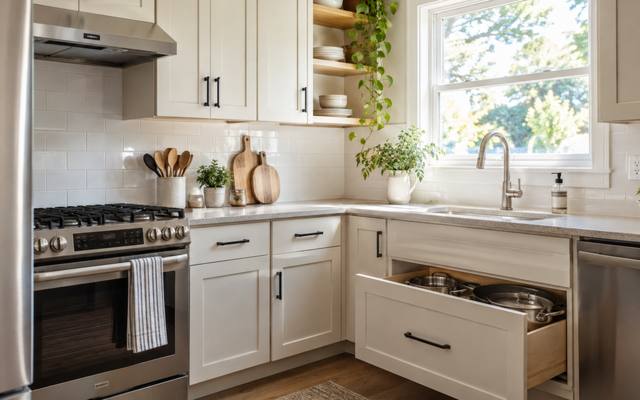 A compact white kitchen with a range and a deep drawer pulled open.