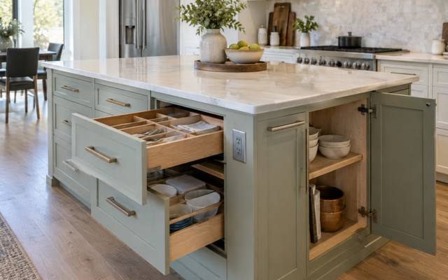 A sage green island with its drawers and shelves open.