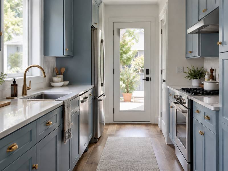 A blue-grey painted galley kitchen with cabinets running along both walls.